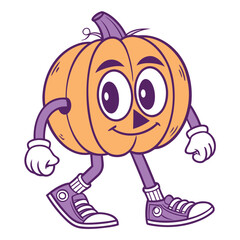 Cartoon pumpkin character is walking happily with big eyes and shoes on the white background