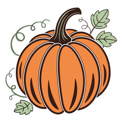 Cartoon pumpkin with brown outlines is surrounded by green curly vines and leaves