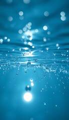 Glimmering turquoise waters sparkle with suspended droplets and bubbles, creating a refreshing and tranquil abstract underwater atmosphere.