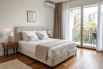 Fototapeta premium Interior of a bedroom with wall mouted tv.room