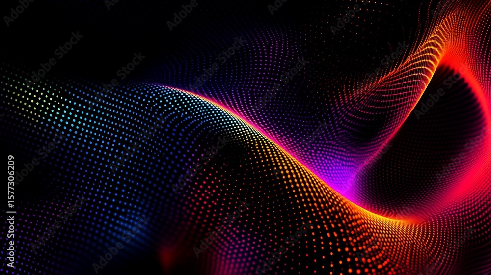 Poster abstract dark background with a continuous wave of glowing dots in various colors