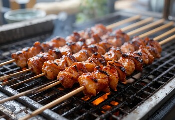 Chicken yakitori skewers on grill, grill marks and caramelized glaze visible, Japanese street food setting.