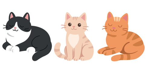 Set of cute vector cats in flat style. Black and white, peach, and ginger kittens in different poses. Perfect for kids, stickers, nursery art, or pet-themed design.