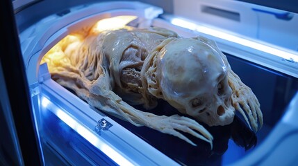 Detailed anatomical specimen displayed in a medical display case.
