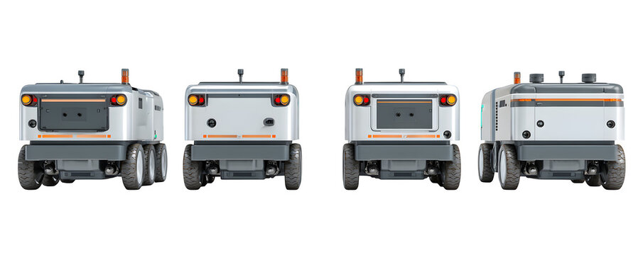 Transparent-Background High-Quality Realistic Four autonomous mobile robots digital artwork, transparent background, ideal for marketing materials and presentations, content creation