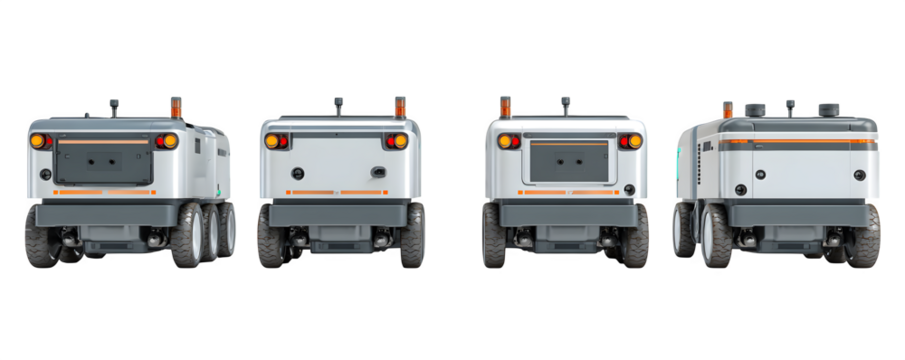 Transparent-Background High-Quality Realistic Four autonomous mobile robots digital artwork, transparent background, ideal for marketing materials and presentations, content creation