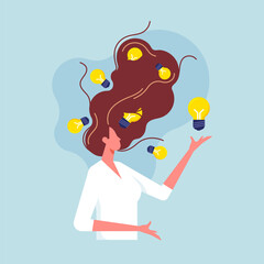 Concept of power of innovative business idea or insight, creative woman finding solution or answer at work with lightbulb