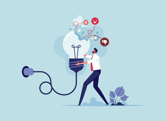 Bad idea cause problem and failure concept, mistake or poor idea, bad idea and negative opinion, depressed business man standing with fail old broken lightbulb idea