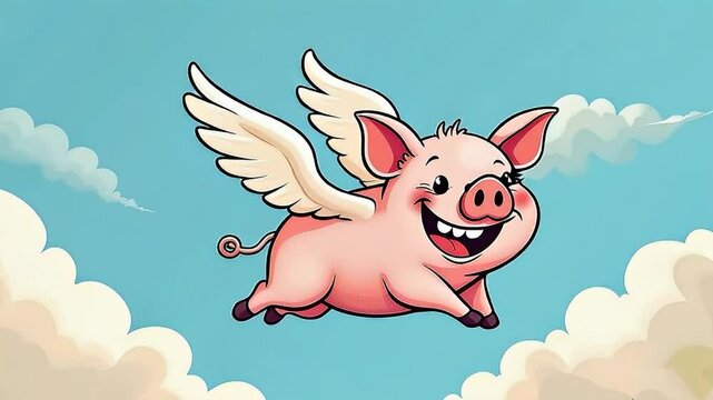 A visual metaphor of &ldquo;when pigs fly&rdquo; &mdash; a flying pig with wings soaring above clouds in a humorous cartoon style.
