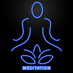 meditation neon sign, modern glowing banner design, colorful modern design trends on black background. Vector illustration.