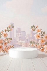 "Minimal Product Display Podium with Cherry Blossoms and City Skyline Background &ndash; Spring Urban Nature Scene"