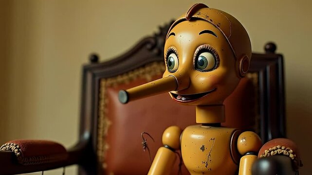 An old wooden puppet with a long growing nose sitting on a chair with a curious expression, referencing Pinocchio.
