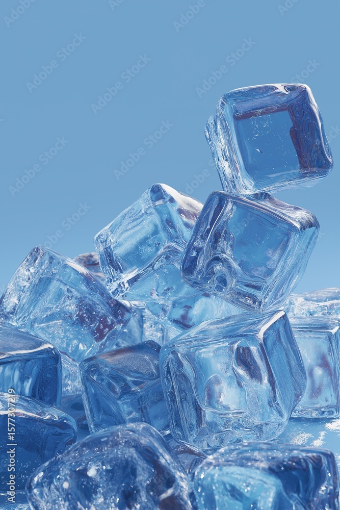 Aufkleber a pile of crisp transparent ice cubes arranged in a geometric pattern on a solid light blue backgrou