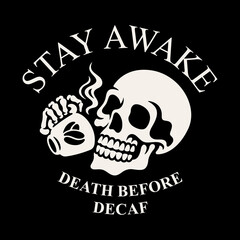Vector illustration of a skull drinking a cup of coffee.