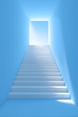 A minimalist 3D render of a sleek white staircase ascending towards a radiant light against a serene blue background, symbolizing progress and aspiration