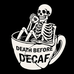 Vector illustration of a skull drinking a cup of coffee.