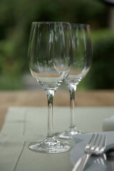 Two clear wine glasses stand elegantly on a neatly arranged table. The soft green tablecloth complements the tranquil outdoor environment, suggesting a peaceful dining experience