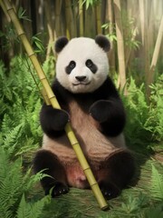 Obraz premium Charming panda cradling bamboo shoot amidst lush greenery in serene setting