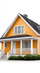 Yellow residential house with white trim and front porch on a white background