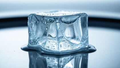 Macro photography of a melting ice cube with water droplets on a reflective surface