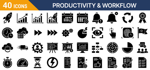 Productivity & Workflow Glyph Icons – Solid SVG UI Kit with currentColor. A set of solid glyph icons for productivity, workflow, and task management apps.   Includes scalable SVG for light and dark UI