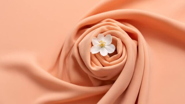 Peach-colored fabric draped in a swirl, with a small white flower