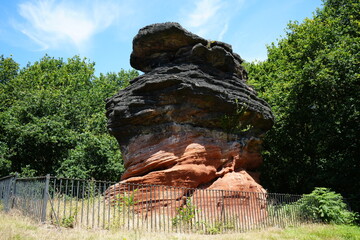 Layered sandstone rock formation at Hemlock Stone, Nottinghamshire, England