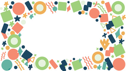 Colorful geometric shapes border with circles squares triangles and abstract elements creating a frame