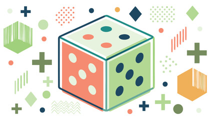 Isometric die with colorful dots surrounded by geometric shapes on a white background design style
