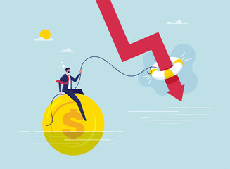 Business support concept, insurance or emergency money to rescue in economic crisis or investing margin of safety to protect losses, businessman help with lifebuoy on falling stock market