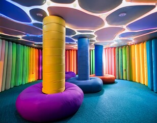a brightly lit sensory room featuring colorful cylindrical columns and soft seating