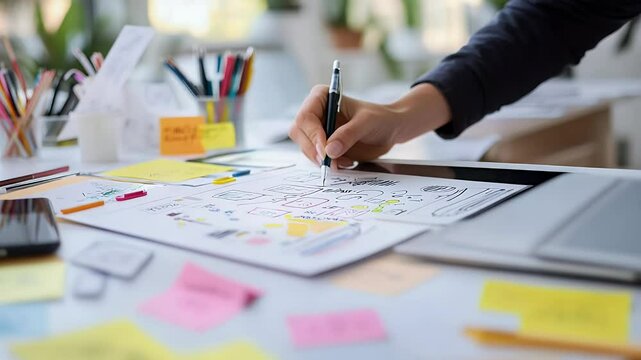 Hand draws UI sketches on paper, various office supplies scattered on a white desk