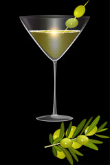 triangular glass on a thin stem with a white martini, two olives and a branch of olives on a transparent background.ai