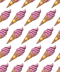 seamless ice cream set in a cone waffle cone with pink syrup on a  lilac background