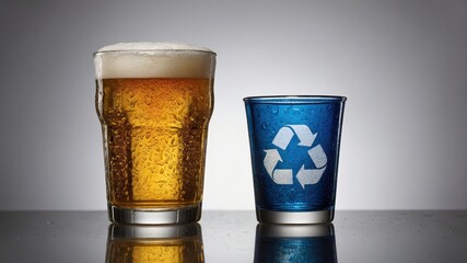 Beer and recycling glasses side by side: refreshment and sustainability concept