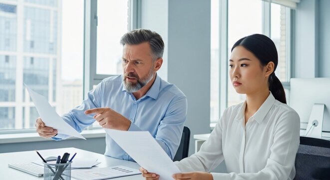 Frustrated Client Pointing at a Document While a Careless Office Worker Looks Indifferent in a Modern Office Setting