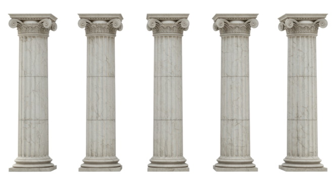 Five weathered white marble classical Corinthian columns, detailed with fluted shafts and intricate acanthus capitals, perfectly aligned on a transparent plain against a stark white background in