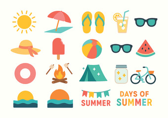 Days of Summer Icon Set Vacation Beach Camping Fun Vector