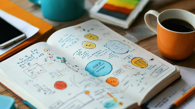 Open notebook filled with colorful brainstorm sketches on a desk next to coffee