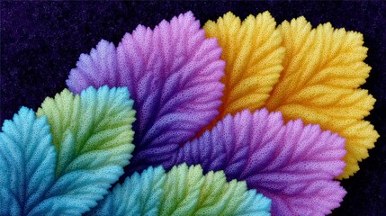 Colorful textured fractal leaves in fanned arrangement against dark background