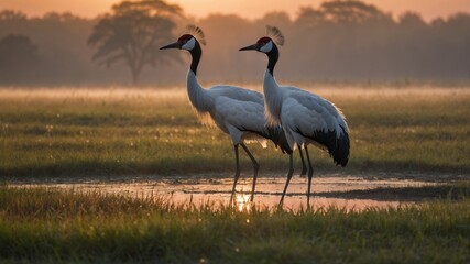 Fototapeta premium Two Red-Crowned Cranes in a Misty Wetland at Sunrise