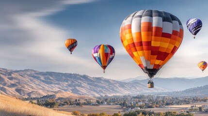 Obraz premium Floating Fantasies: Witness the captivating spectacle of hot air balloons soaring gracefully above a picturesque landscape, carried by gentle breezes and casting colorful silhouettes against the vast.