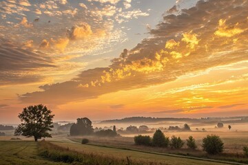 Fototapeta premium village Sunset, A vibrant sunset illuminates a scenic landscape, casting colorful skies over a village nestled in the hills, highlighting tranquility and beauty.