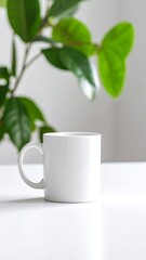 White mug on white table, green plants