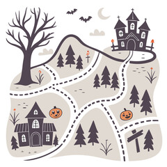 Whimsical halloween map illustration featuring a spooky haunted house a castle on a hill a bare tree pumpkins bats and winding roads through a forest
