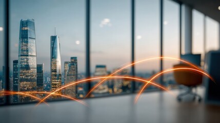 Skyline Vista: A modern, luminous office frames a cityscape with architectural marvels, overlaid with dynamic digital networking paths, embodying the essence of innovation.
