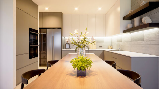 A modern luxury kitchen interior with a dark gray and white color scheme.