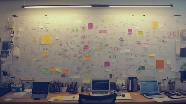 Office space showing a whiteboard covered in notes and sketches, laptops on the desk