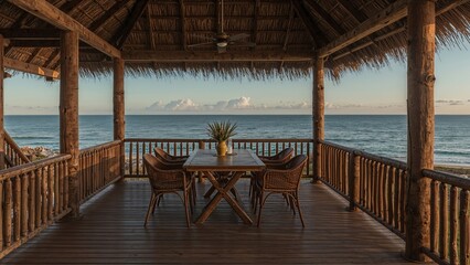 Rustic beachfront dining terrace with ocean view at sunset in cozy tropical bungalow