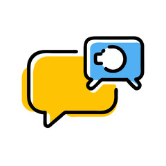 Fototapeta premium Two speech bubbles; one yellow, one blue, with a lightbulb icon indicating an idea exchange or communication.